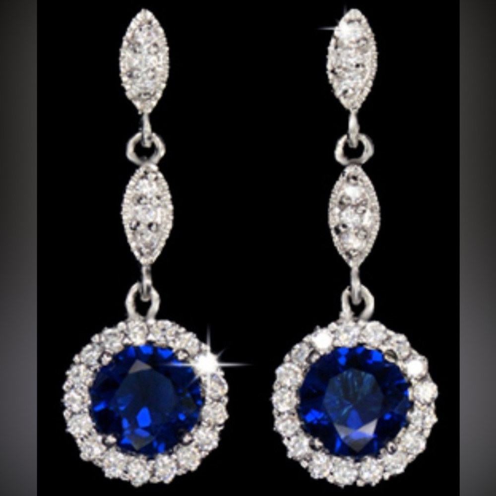 Pave set Round SAPPHIRE blue Cz Diamond Halo Drop Dangle statement Earrings stud